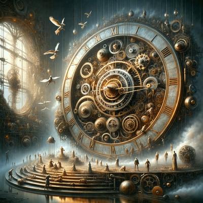 The primary subject of the image is a large, intricate clock with a gold and silver finish. The clock is surrounded by a group of people, some of whom are sitting on a staircase. The setting appears to be a futuristic, artistic environment, possibly a museum or an art gallery. The visual style of the image is a combination of digital art and illustration, creating a unique and captivating scene. The colors and mood of the image are predominantly gold and silver, giving it a luxurious